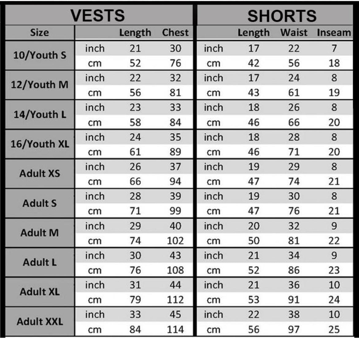 Measurement chart for vests and shorts with size dimensions in inches and centimeters.