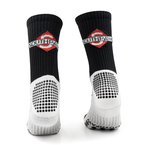 Moisture Wicking Training boxing socks In Black With White Bottom, Black Support Grips, and southpaw logo on the back