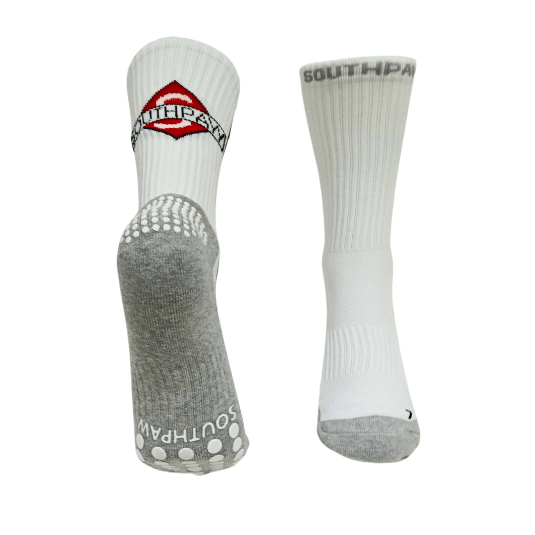 Southpaw official white moisture wicking Boxing socks with grey bottom and white grips on bottom of sock and heel area