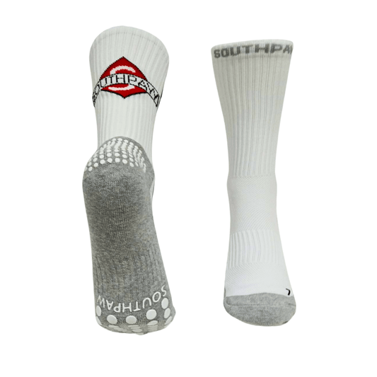 Southpaw official white moisture wicking Boxing socks with grey bottom and white grips on bottom of sock and heel area