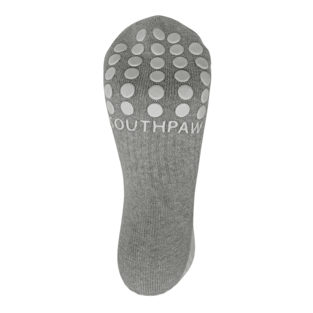 Southpaw official bottom grey area moisture wicking Boxing socks with white grips and southpaw branding on bottom of sock