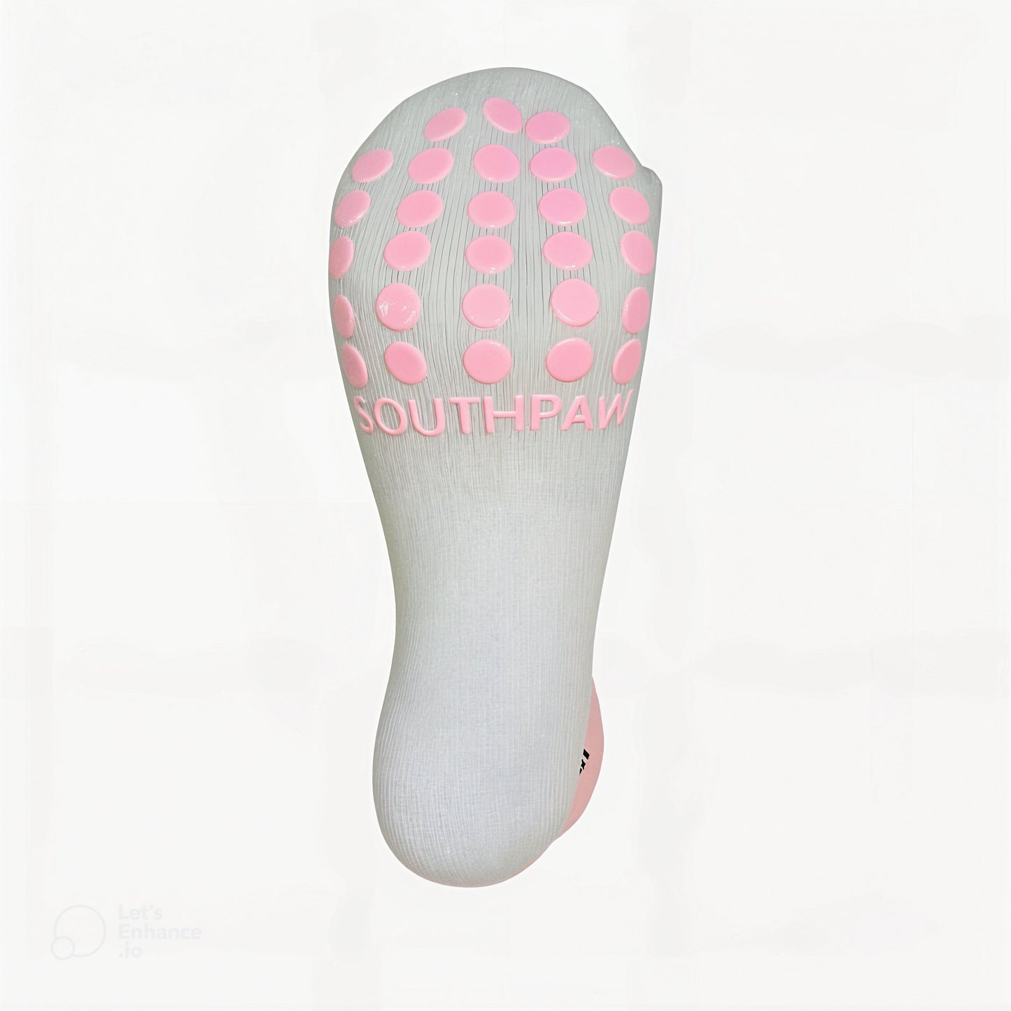 Bottom view of Limited edition Pink boxing socks. A white bottom area with pink grips and pink southpaw text