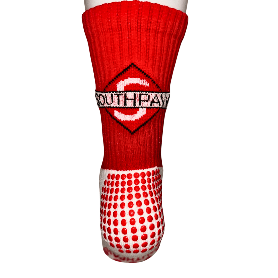 Back view of The worlds Best boxing socks by Southpaw official. Blister prevention red grips with southpaw official logo