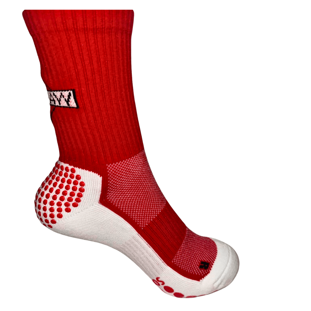 the other side view of The worlds Best boxing socks by Southpaw official. White bottom with red branding and grips.