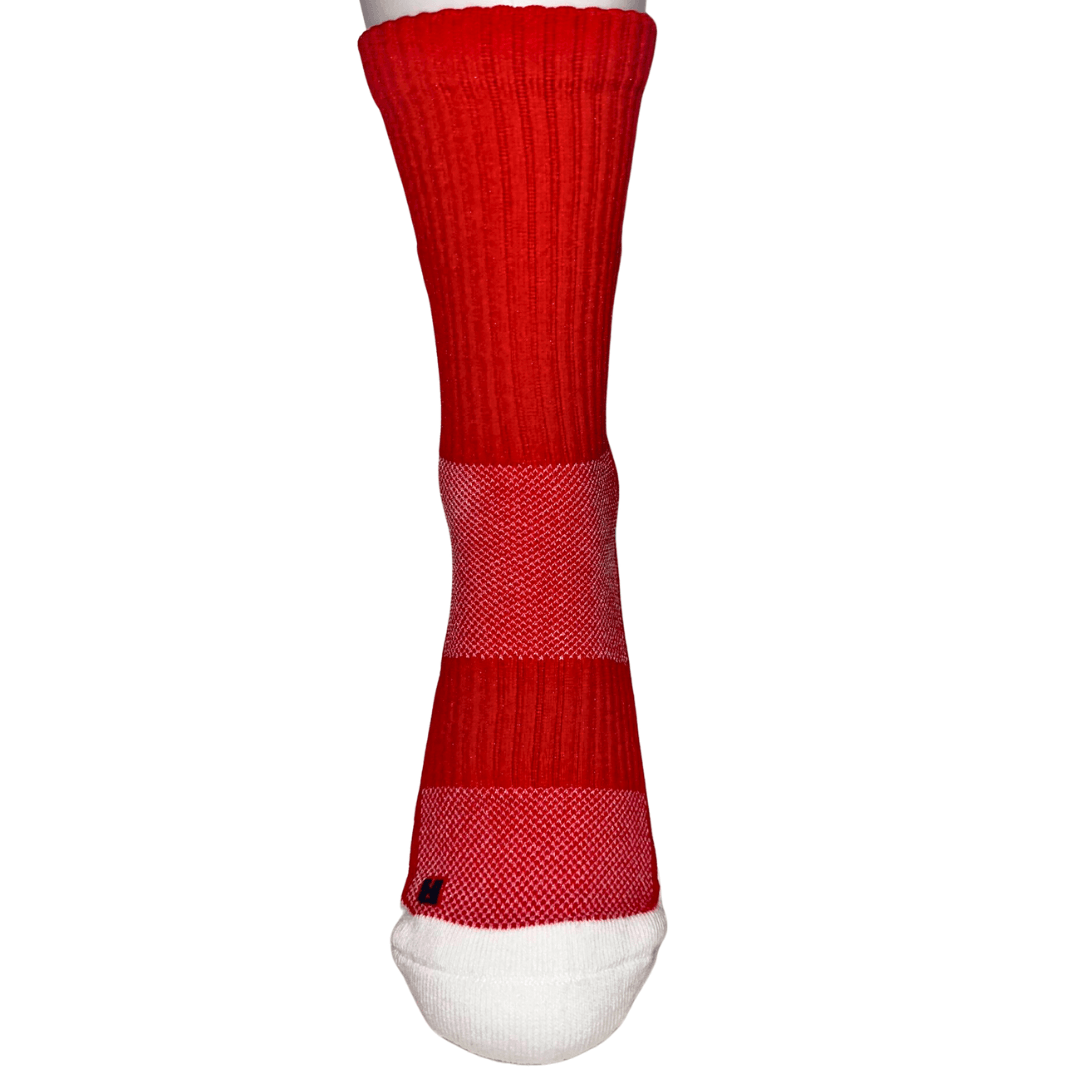 Front view of the worlds Best boxing socks by Southpaw official. moisture wicking red and white material and blister prevention.