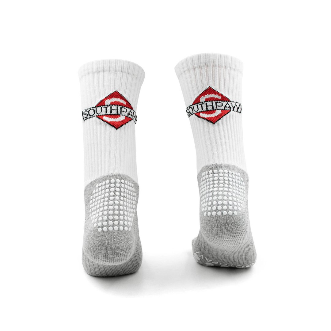 Southpaw official white moisture wicking Boxing socks with grey bottom and white grips on heel area and southpaw logo on back