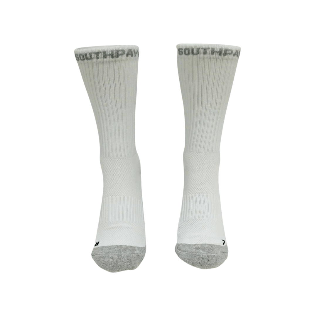 Southpaw official white moisture wicking Boxing socks front view with southpaw writing in grey on top