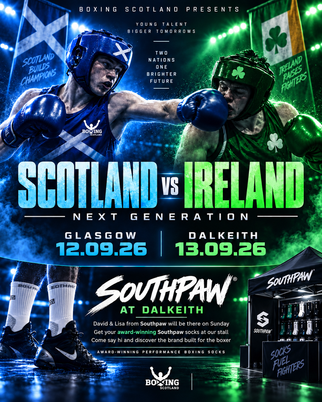 Scotland vs Ireland boxing event poster with southpaw boxing socks partnership