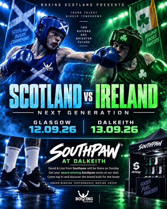 Scotland vs Ireland boxing event poster with southpaw boxing socks partnership