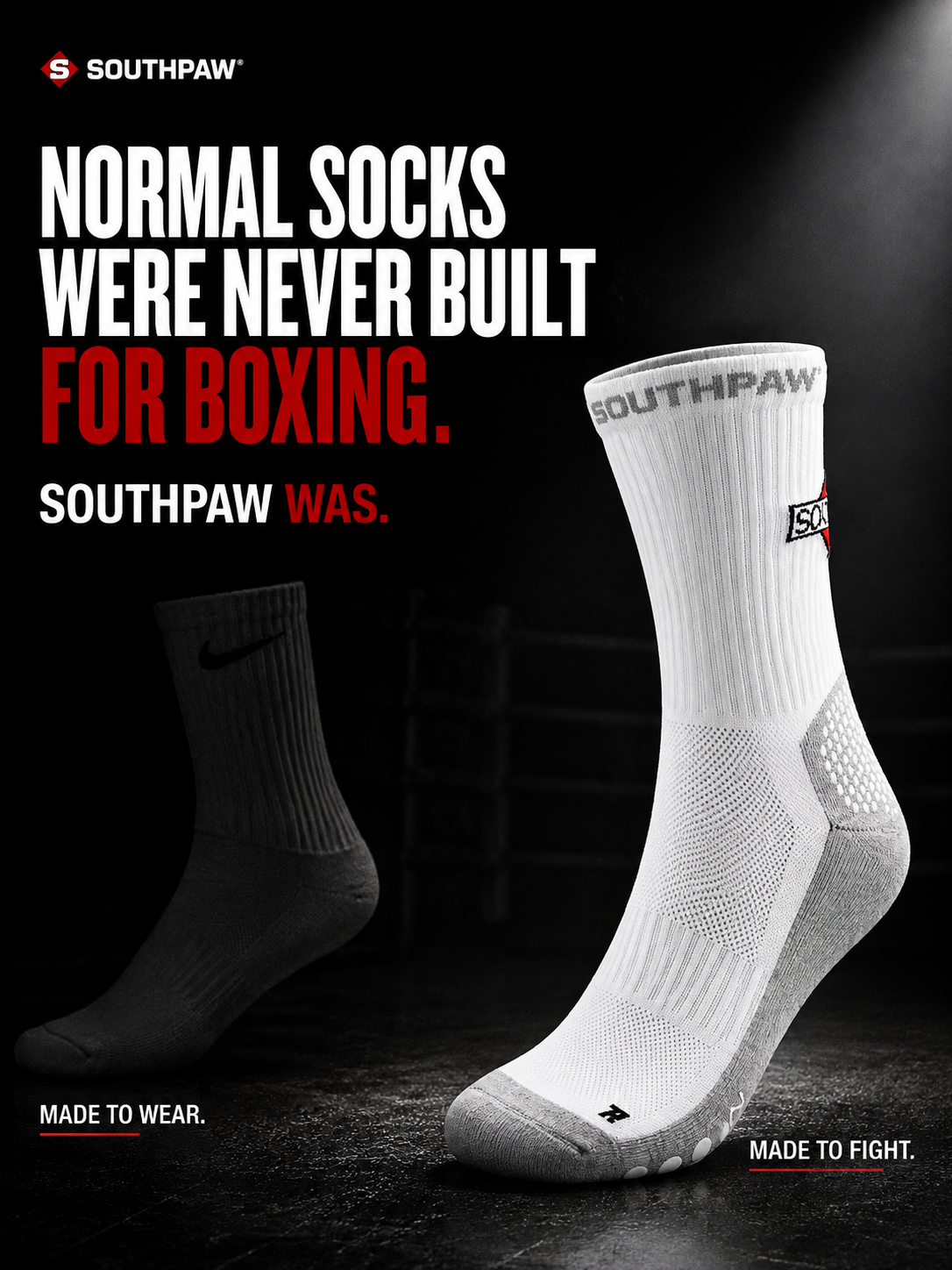 Normal socks were never built for boxing. Southpaw was. Side-by-side comparison of a regular Nike sock vs Southpaw boxing sock — Made to Wear vs Made to Fight.