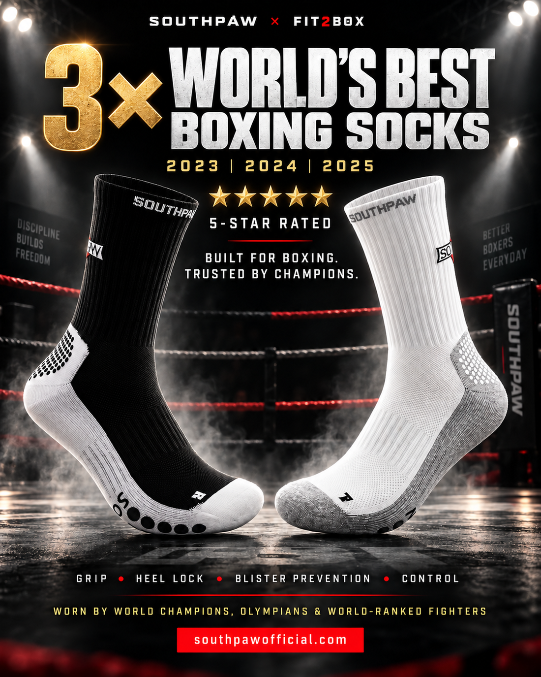 Southpaw — 3x World's Best Boxing Socks 2023, 2024 & 2025. 5-star rated, built for boxing, trusted by champions. Grip, heel lock, blister prevention, control.