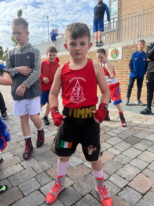 Young Monkstown boxer wearing Southpaw boxing socks at the 2026 Golden Gloves Skills Tournament