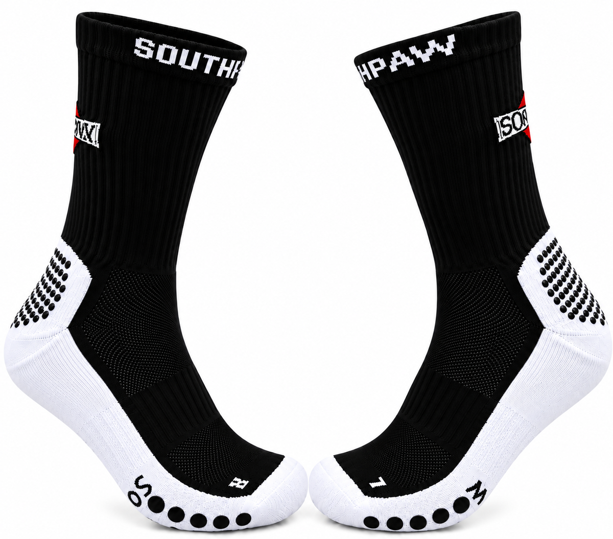 Pair of black socks with white accents on a white background