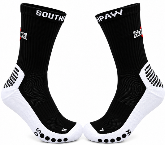 Pair of black socks with white accents on a white background