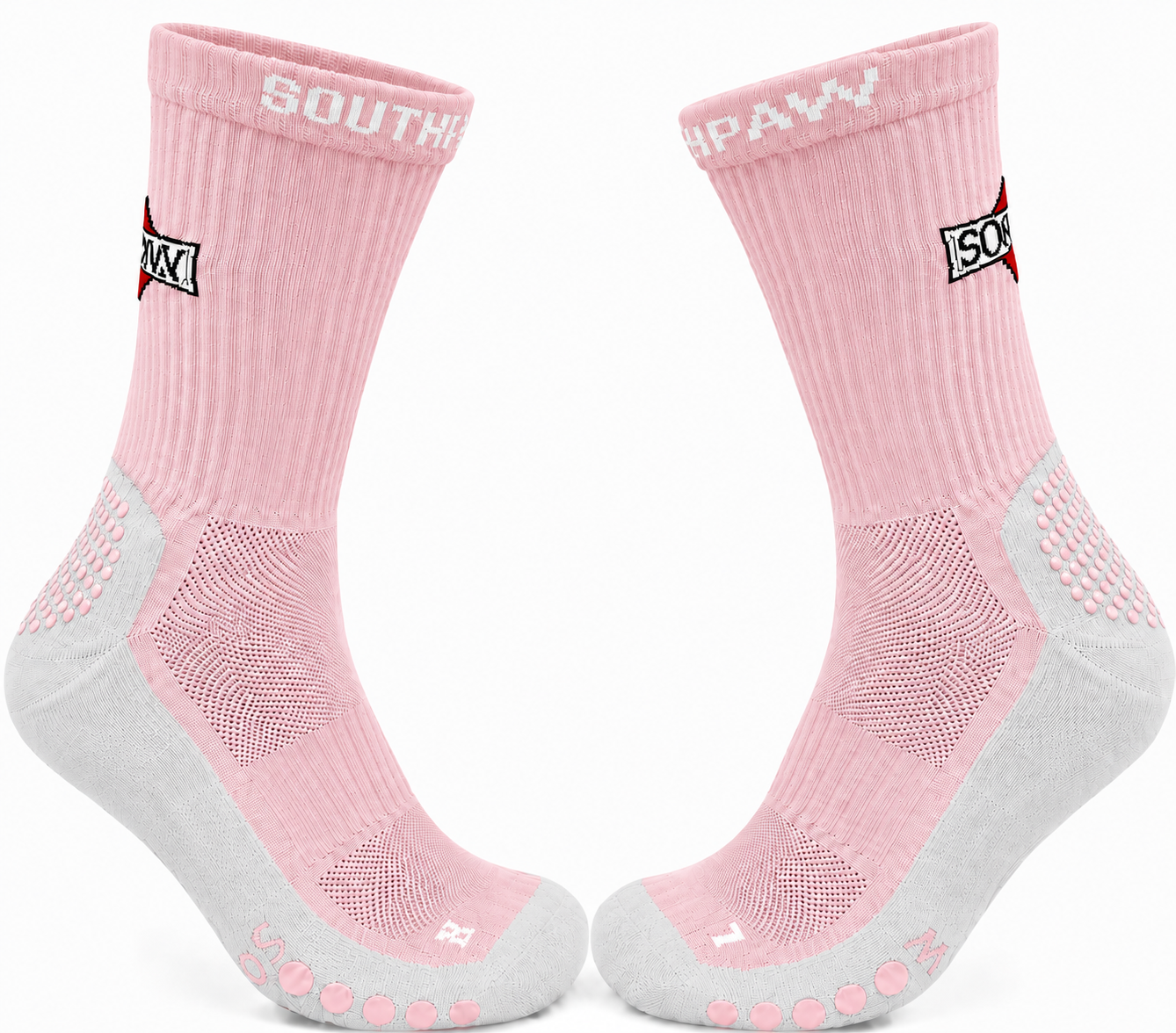 A pair of pink and gray athletic crew socks with grip dots on the toes and heels, featuring the brand name 'SOUTHPAW' on the cuffs.