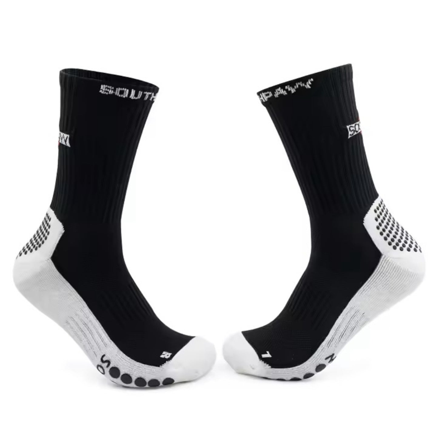 Pair of black socks with white accents on a white background