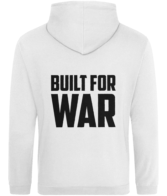 Back view of white boxing Hoodie showing  motivational quote in black text