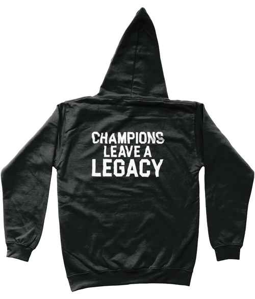 A Black Champions Legacy branding on the back Hoodie for Junior casual wear  | Back View