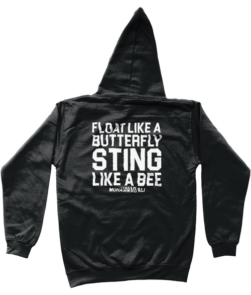 Float like a butterfly sting like a bee Muhammad Ali Black Hoodie for Junior sizes | Back view 