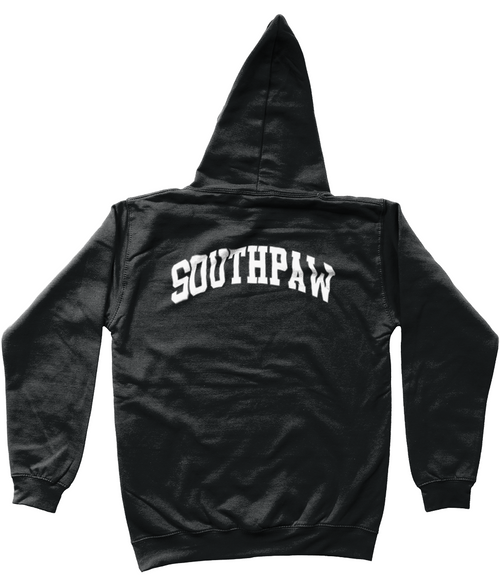 A Black Junior Hoodie withSouthpaw branding bold across the back | Back View