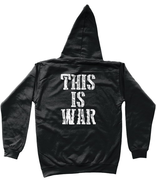 A Black casual wear Hoodie with This is war branding across the back | Back View
