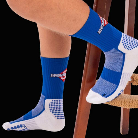 Southpaw Official blue boxing socks worn on feet side view