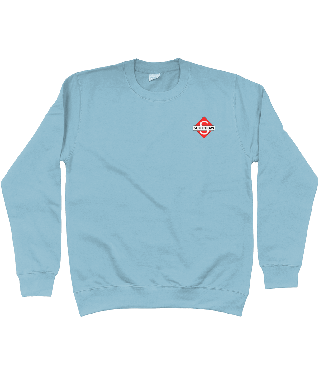 Front view | a sky blue Jumper with a small logo, this is lightweight and moisture wicking for youth athletes